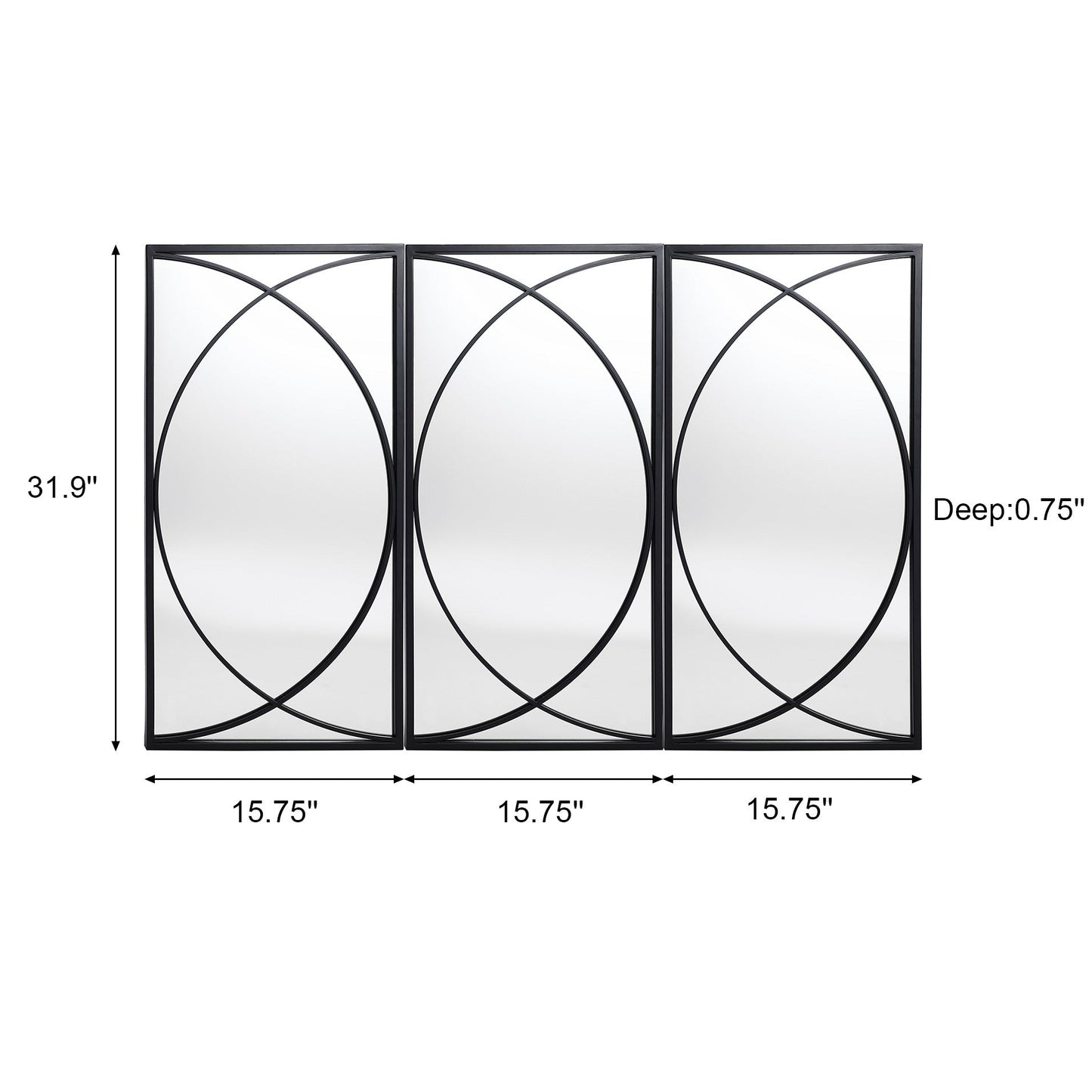Ensemble de 3 miroirs muraux rectangulaires en métal noir - 80,6 H x 40 L x 1,9 l (cm)