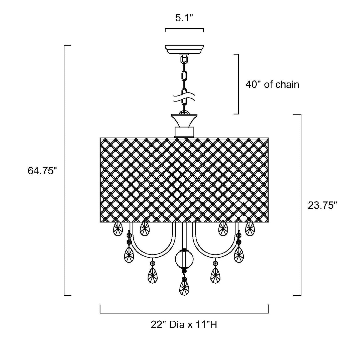 Suspension tambour ronde perlée avec cristaux suspendus