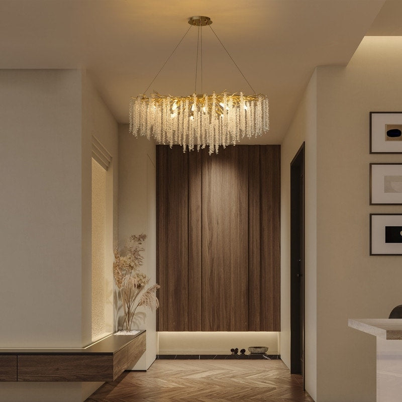 Luminaire rectangulaire moderne en cristal doré, branches d'arbre, 40 po, pour salle à manger, îlot de cuisine, lustre à branches.