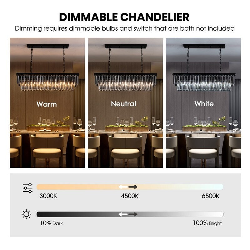 Luminaire suspendu à 2 niveaux pour îlot de cuisine, style moderne et contemporain, avec cristaux, gris fumé et noir, 47 po. Idéal pour salle à manger.