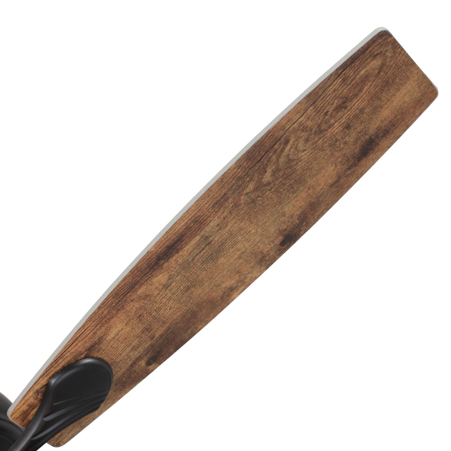 Ventilateur de plafond à 5 pales en bois flotté style farmhouse, avec cage noire et télécommande.