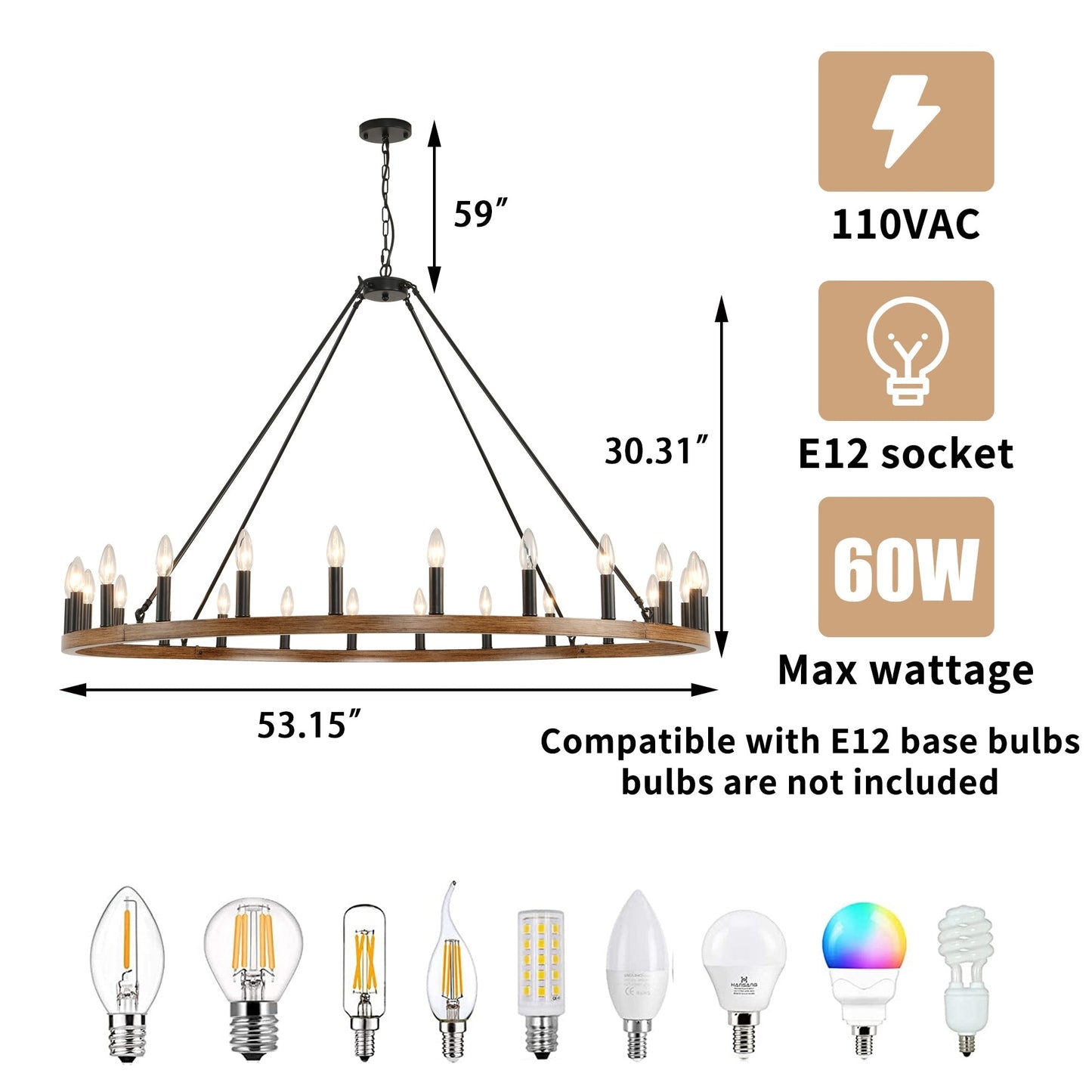 Luminaire à 24 lumières en forme de roue de charrette ronde de 54 pouces
