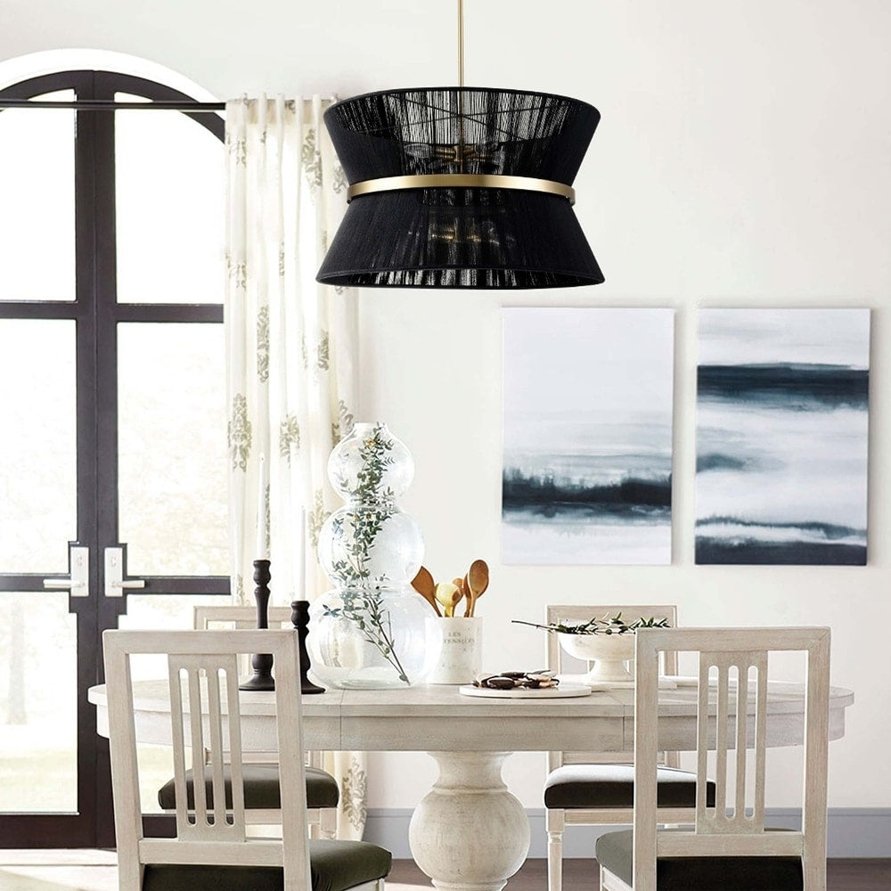 Grand lustre tambour bohème moderne à 8 lumières, 60 cm (24 pouces), en tissu, en forme de sablier, tissé à la main, en or/noir, pour salle à manger/salon.