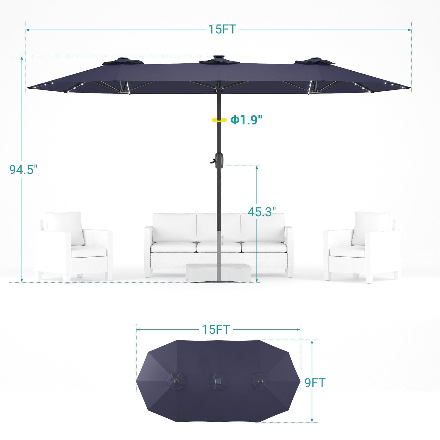 Parapluie de terrasse BONOSUKI 15x9ft à double face avec éclairage LED, grande canopée en aluminium