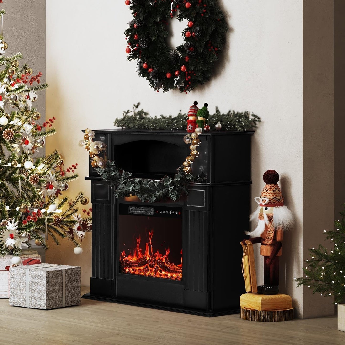 BOSSIN Cheminée électrique 43 pouces avec manteau de cheminée, insert de cheminée électrique 23 pouces, meuble TV indépendant avec foyer en bois