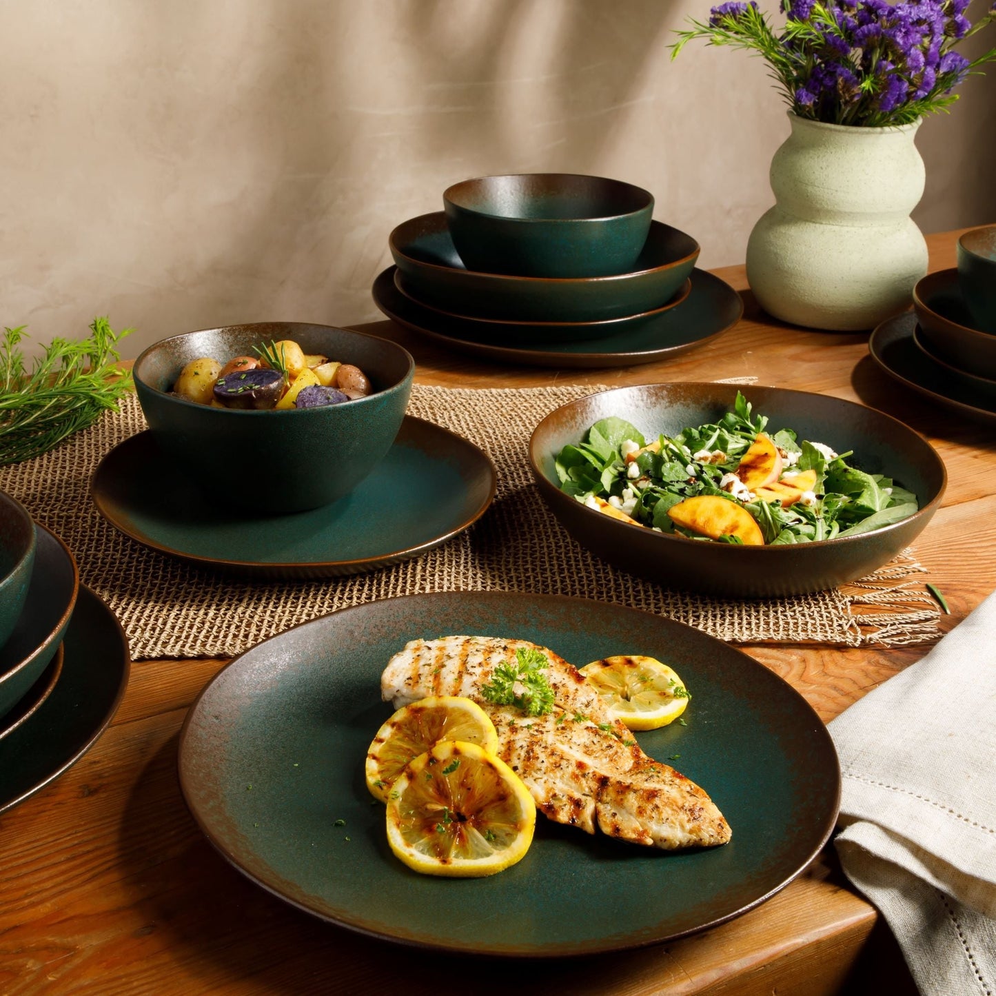 Service de table Bloomhouse Palermo Sun, 16 pièces, assiettes et bols en grès double, émail réactif.