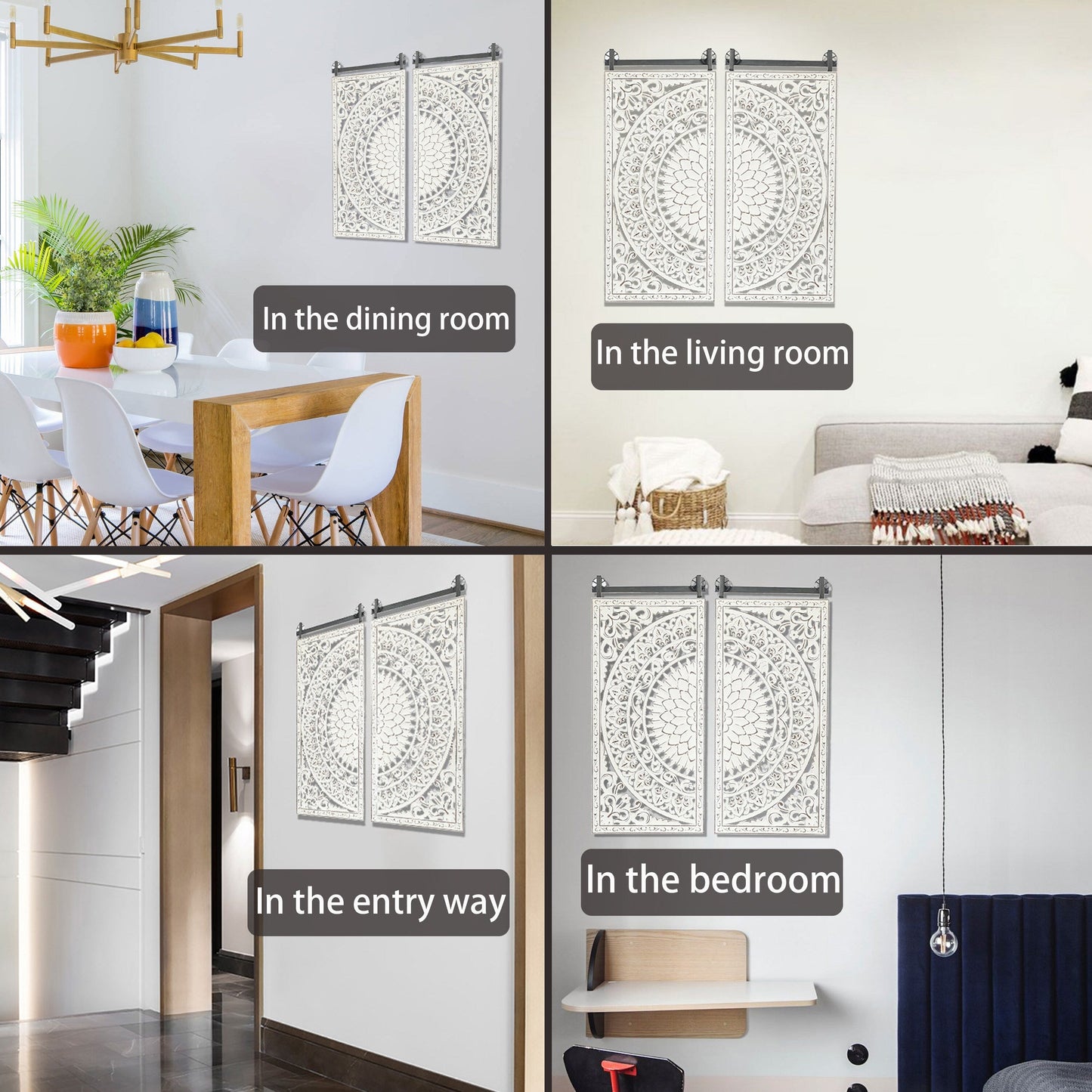 Décoration murale en bois blanc ivoire vieilli avec accents noirs (lot de 2)