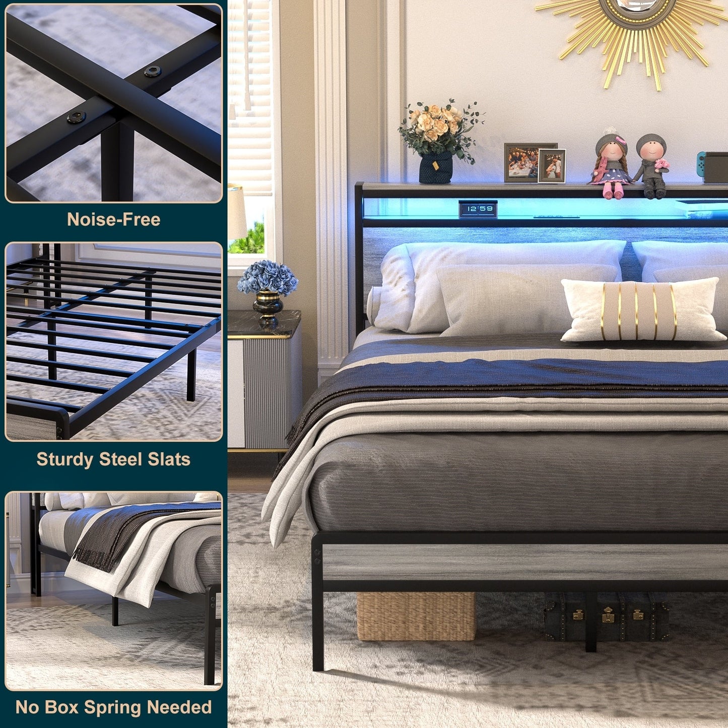 Cadre de lit à plateforme en bois de style farmhouse avec station de recharge et lumières LED