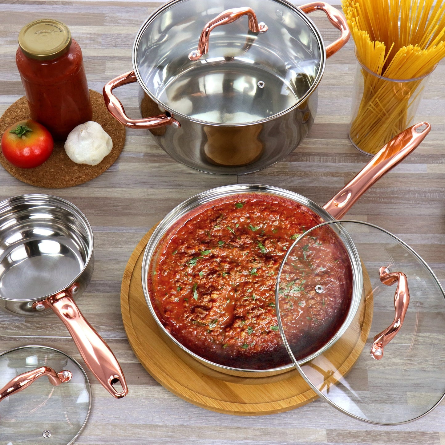 Ensemble de cuisine 8 pièces en acier inoxydable Gibson Home Bransonville, couleur chrome et bronze.