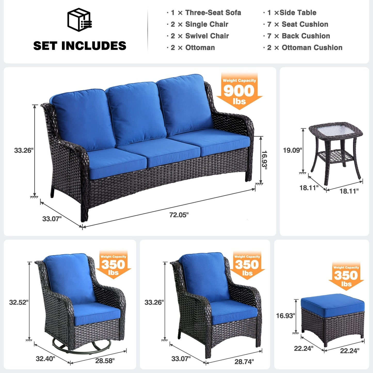 OVIOS Ensemble de meubles de jardin en osier 8 pièces avec chaises pivotantes