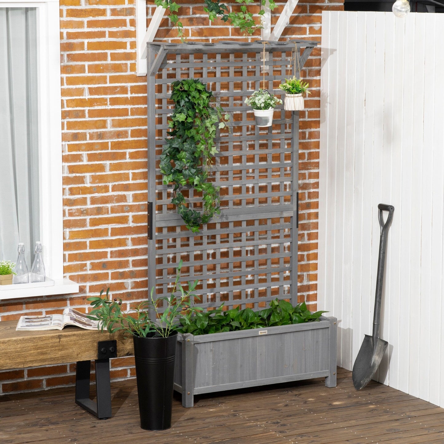 Outsunny Planter en Bois avec Treillis, Bac de Jardin surélevé pour Plantes grimpantes avec Trou de Drainage et Toit