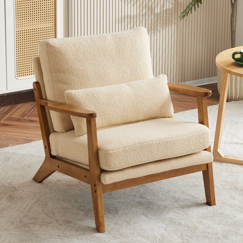 Fauteuil d'appoint en lin mélangé avec pieds en bois et un coussin beige.