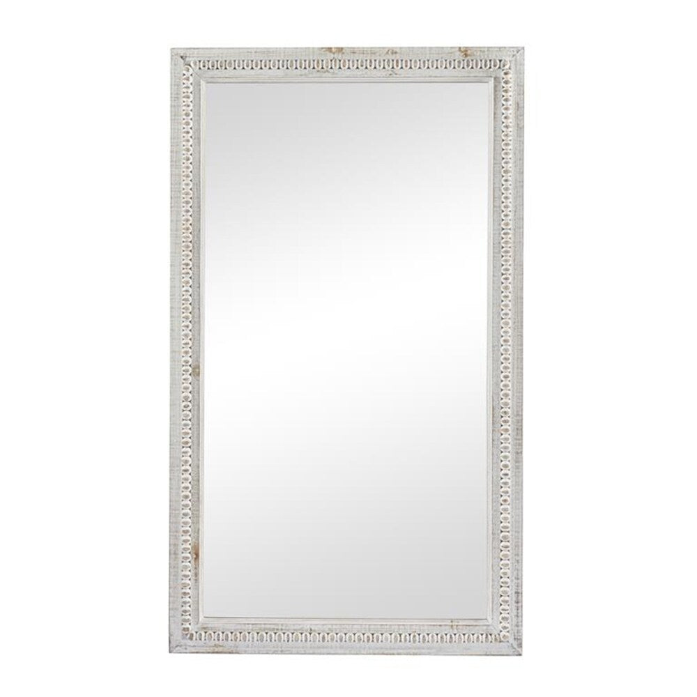 Grand miroir mural rectangulaire en bois sculpté et perlé, style rustique blanc lavé, 48 x 28 pouces - 48 x 28 pouces