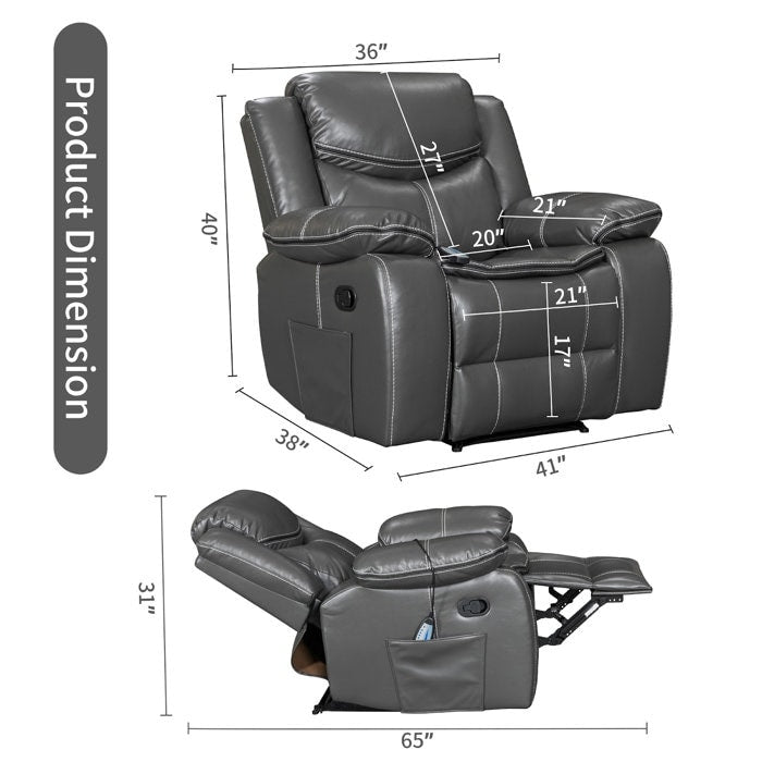 Fauteuil inclinable à large assise en cuir durable avec massage et chauffage.