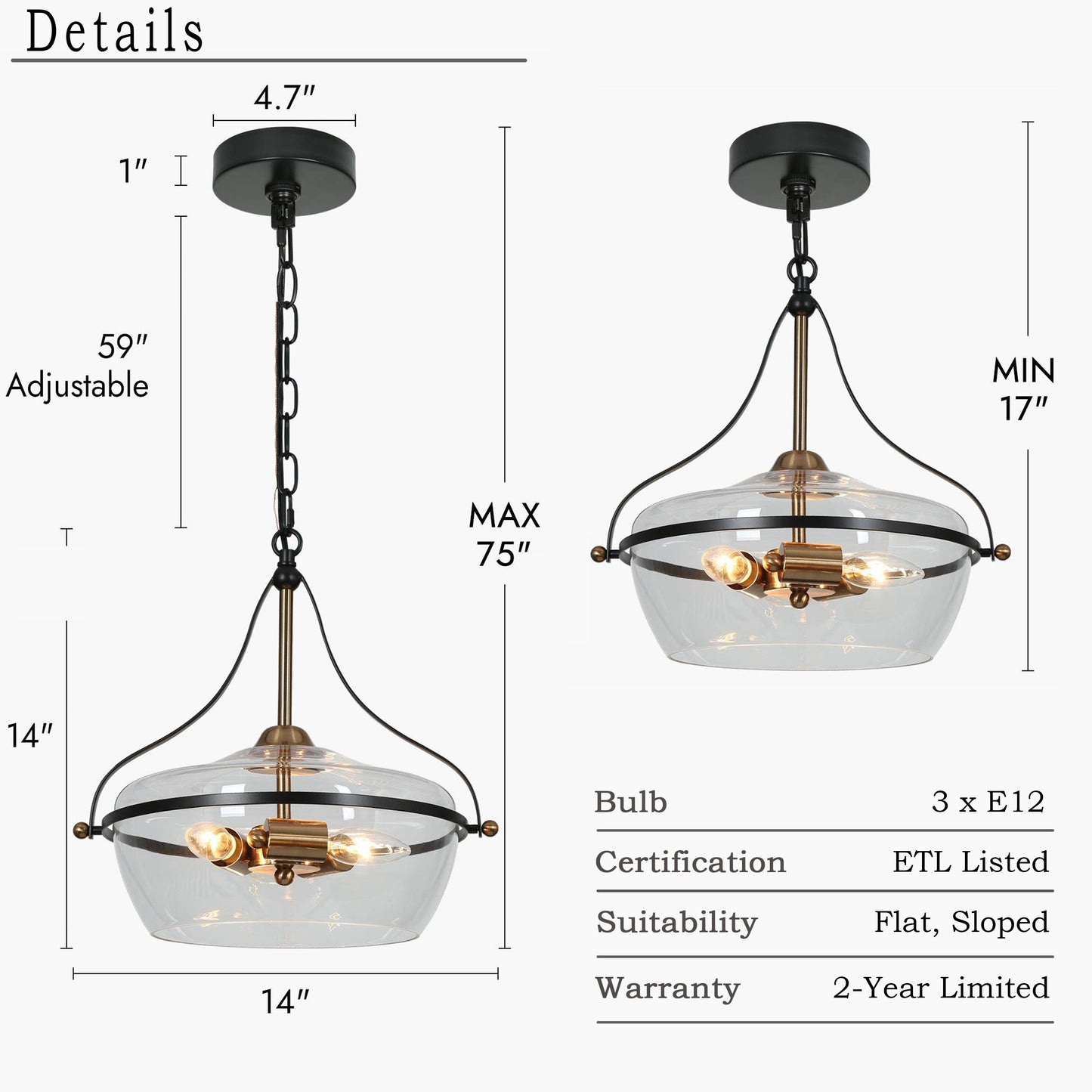 Luminaire suspendu en verre Zelena, style ferme moderne, noir et or, à 3 lumières, pour îlot de cuisine et salle à manger