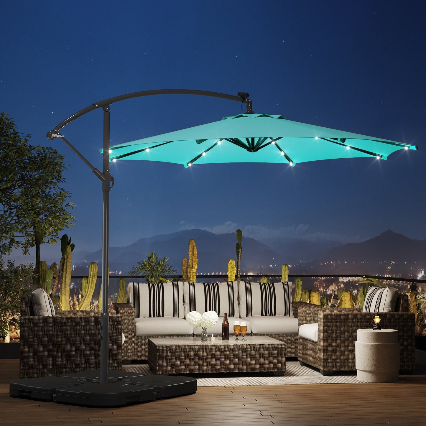 Parasol de terrasse à éclairage solaire de 3 mètres avec pied de support.