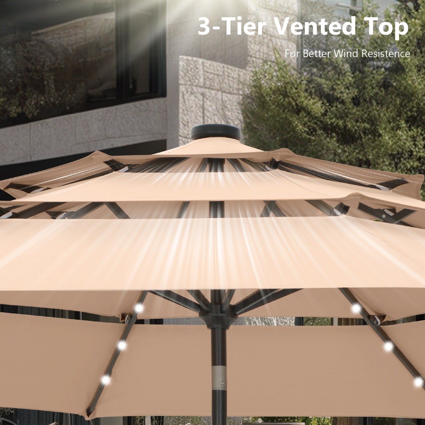 MAISON ARTS Parasol de terrasse extérieur à 3 niveaux, inclinable automatiquement, de 3 mètres, à double ventilation, avec lumières LED.