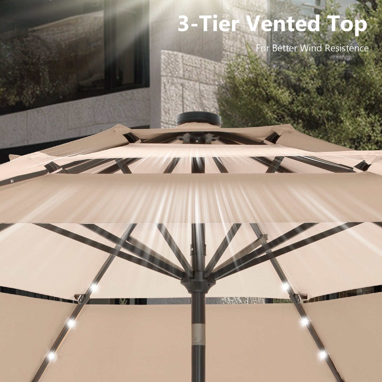 MAISON ARTS Parasol de terrasse extérieur à 3 niveaux, inclinable automatiquement, de 3 mètres, à double ventilation, avec lumières LED.