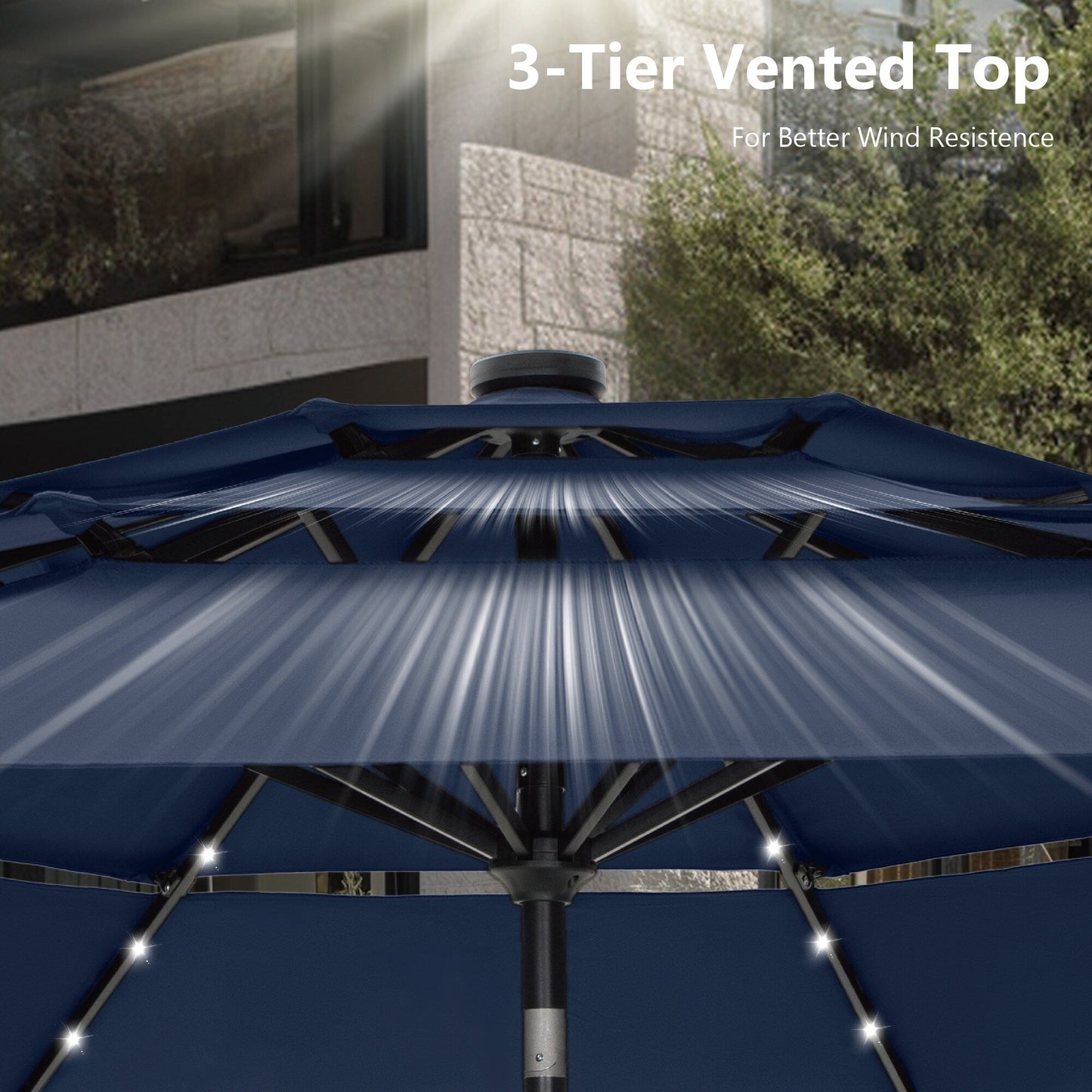 MAISON ARTS Parasol de terrasse extérieur à 3 niveaux, inclinable automatiquement, de 3 mètres, à double ventilation, avec lumières LED.