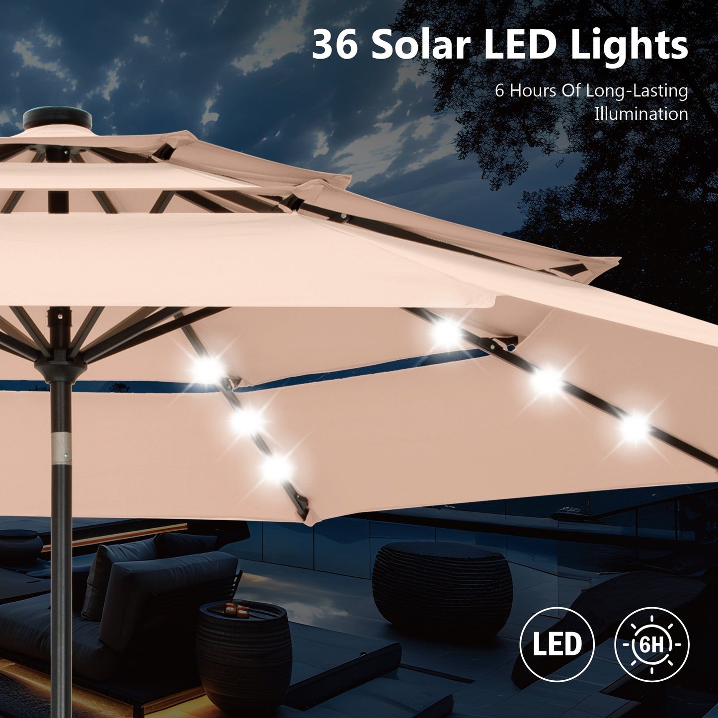 MAISON ARTS Parasol de terrasse extérieur à 3 niveaux, inclinable automatiquement, de 3 mètres, à double ventilation, avec lumières LED.