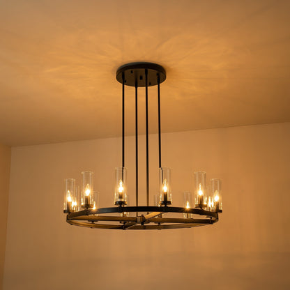 Grand lustre à 12 lumières, style cylindrique moderne du milieu du siècle, en verre transparent, forme de roue de chariot, doré/noir.