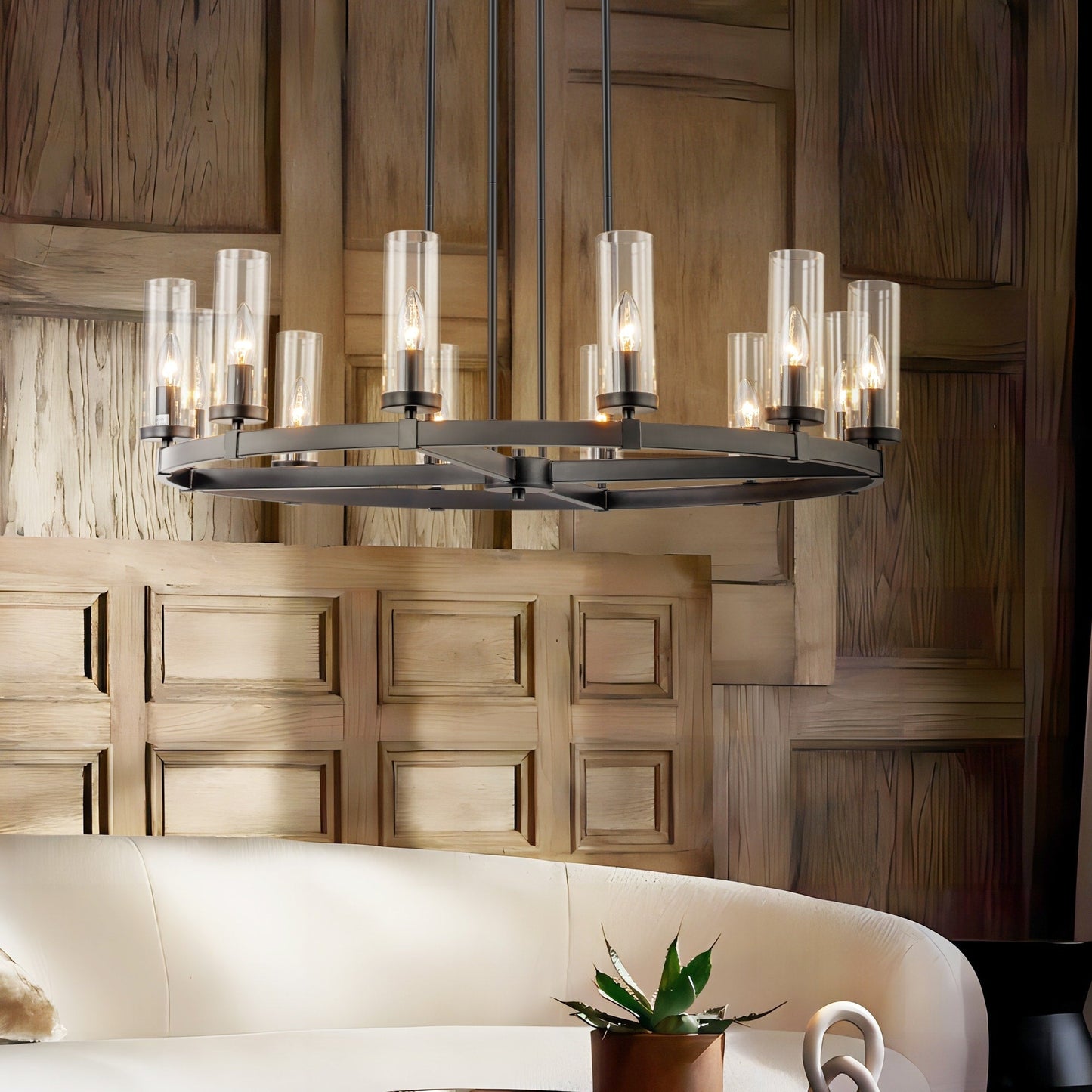 Grand lustre à 12 lumières, style cylindrique moderne du milieu du siècle, en verre transparent, forme de roue de chariot, doré/noir.