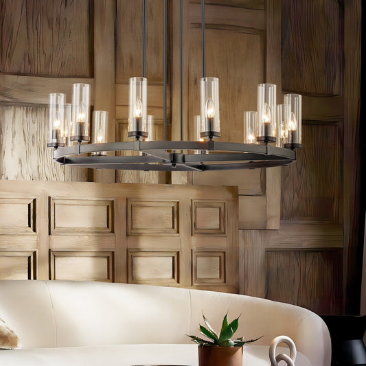 Grand lustre à 12 lumières, style cylindrique moderne du milieu du siècle, en verre transparent, forme de roue de chariot, doré/noir.