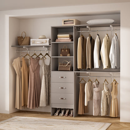 Rackcog Organisateur de placard réglable de 305 cm avec tiroirs, système de rangement avec étagères à assembler soi-même pour placard à l'italienne et placard à porte coulissante.