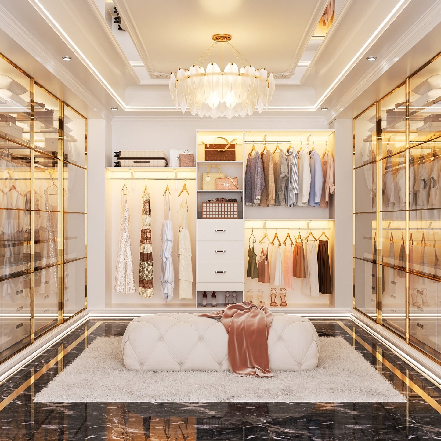 Rackcog Organisateur de placard réglable de 305 cm avec tiroirs, système de rangement avec étagères à assembler soi-même pour placard à l'italienne et placard à porte coulissante.