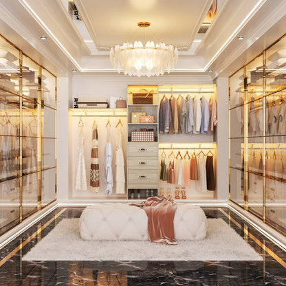 Rackcog Organisateur de placard réglable de 305 cm avec tiroirs, système de rangement avec étagères à assembler soi-même pour placard à l'italienne et placard à porte coulissante.