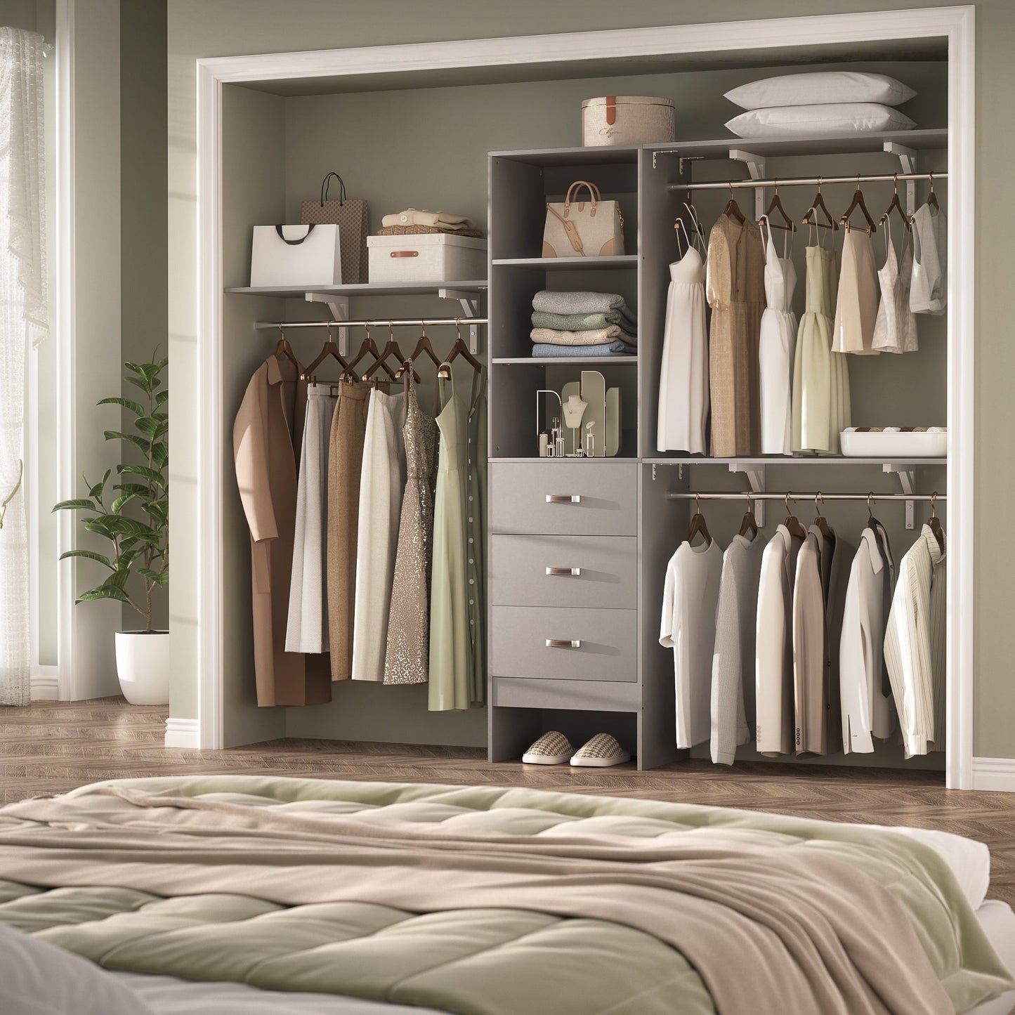 Rackcog Organisateur de placard réglable de 305 cm avec tiroirs, système de rangement avec étagères à assembler soi-même pour placard à l'italienne et placard à porte coulissante.