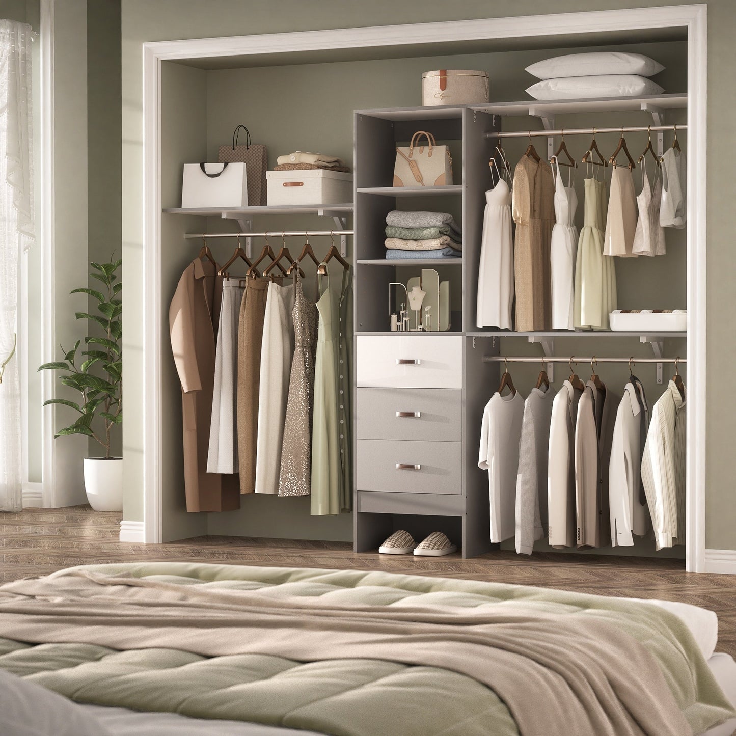 Rackcog Organisateur de placard réglable de 305 cm avec tiroirs, système de rangement avec étagères à assembler soi-même pour placard à l'italienne et placard à porte coulissante.