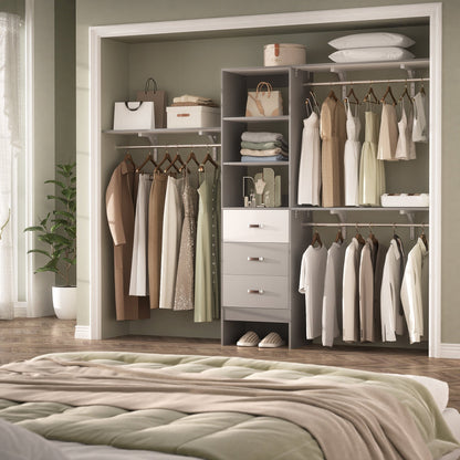 Rackcog Organisateur de placard réglable de 305 cm avec tiroirs, système de rangement avec étagères à assembler soi-même pour placard à l'italienne et placard à porte coulissante.