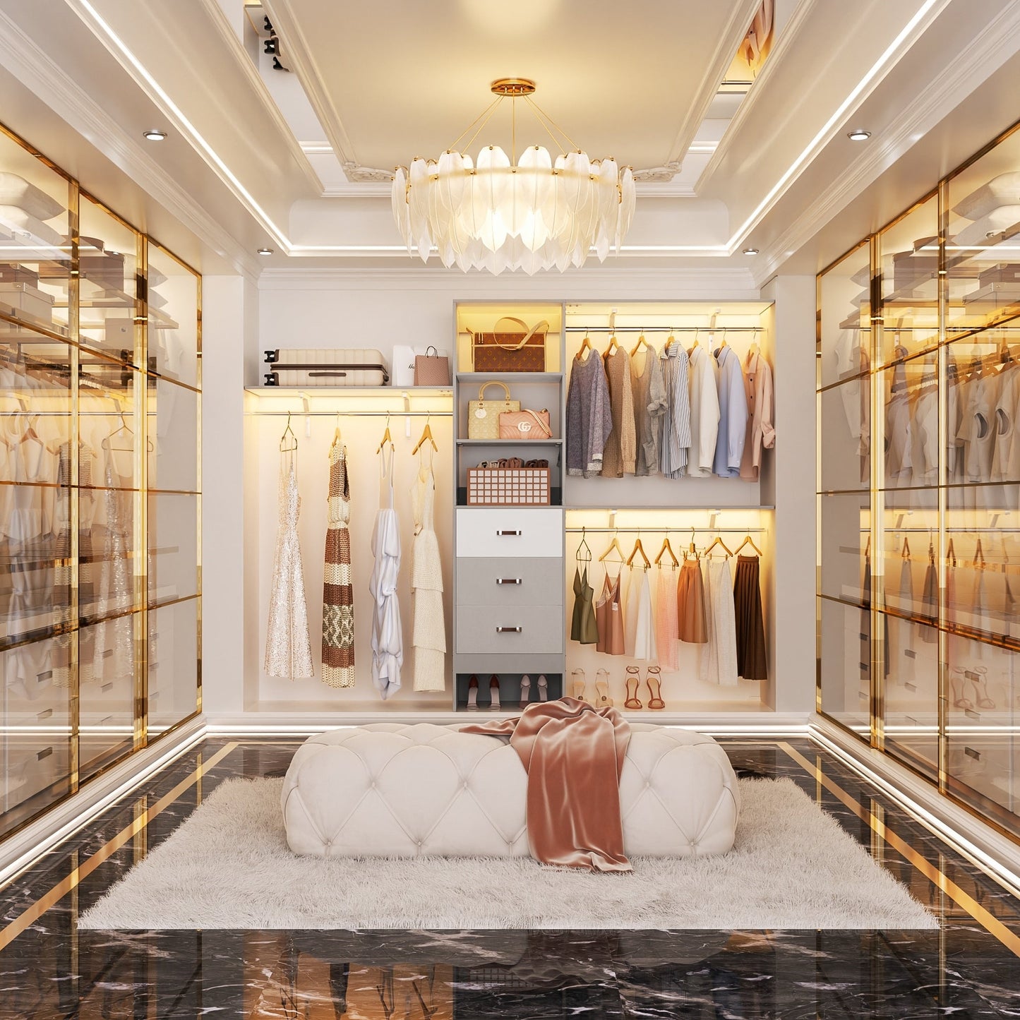 Rackcog Organisateur de placard réglable de 305 cm avec tiroirs, système de rangement avec étagères à assembler soi-même pour placard à l'italienne et placard à porte coulissante.