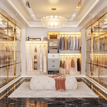 Rackcog Organisateur de placard réglable de 305 cm avec tiroirs, système de rangement avec étagères à assembler soi-même pour placard à l'italienne et placard à porte coulissante.