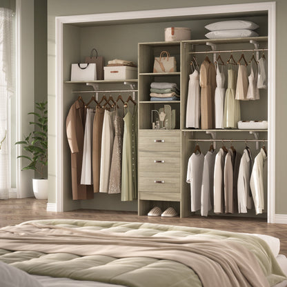 Rackcog Organisateur de placard réglable de 305 cm avec tiroirs, système de rangement avec étagères à assembler soi-même pour placard à l'italienne et placard à porte coulissante.