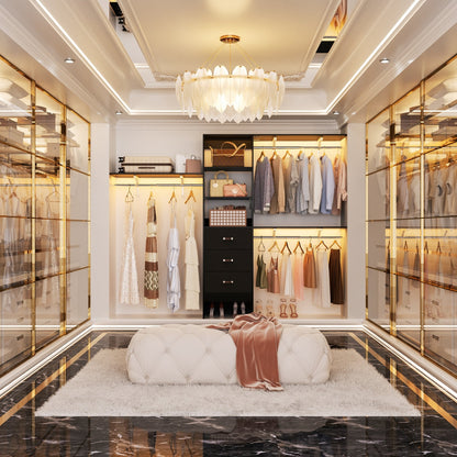 Rackcog Organisateur de placard réglable de 305 cm avec tiroirs, système de rangement avec étagères à assembler soi-même pour placard à l'italienne et placard à porte coulissante.