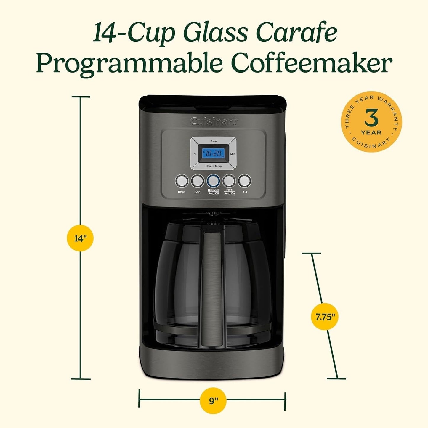 Cafetière programmable 14 tasses, carafe en verre, contrôle de la force du café, réglage 1-4 tasses, acier inoxydable noir