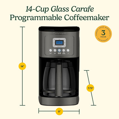 Cafetière programmable 14 tasses, carafe en verre, contrôle de la force du café, réglage 1-4 tasses, acier inoxydable noir