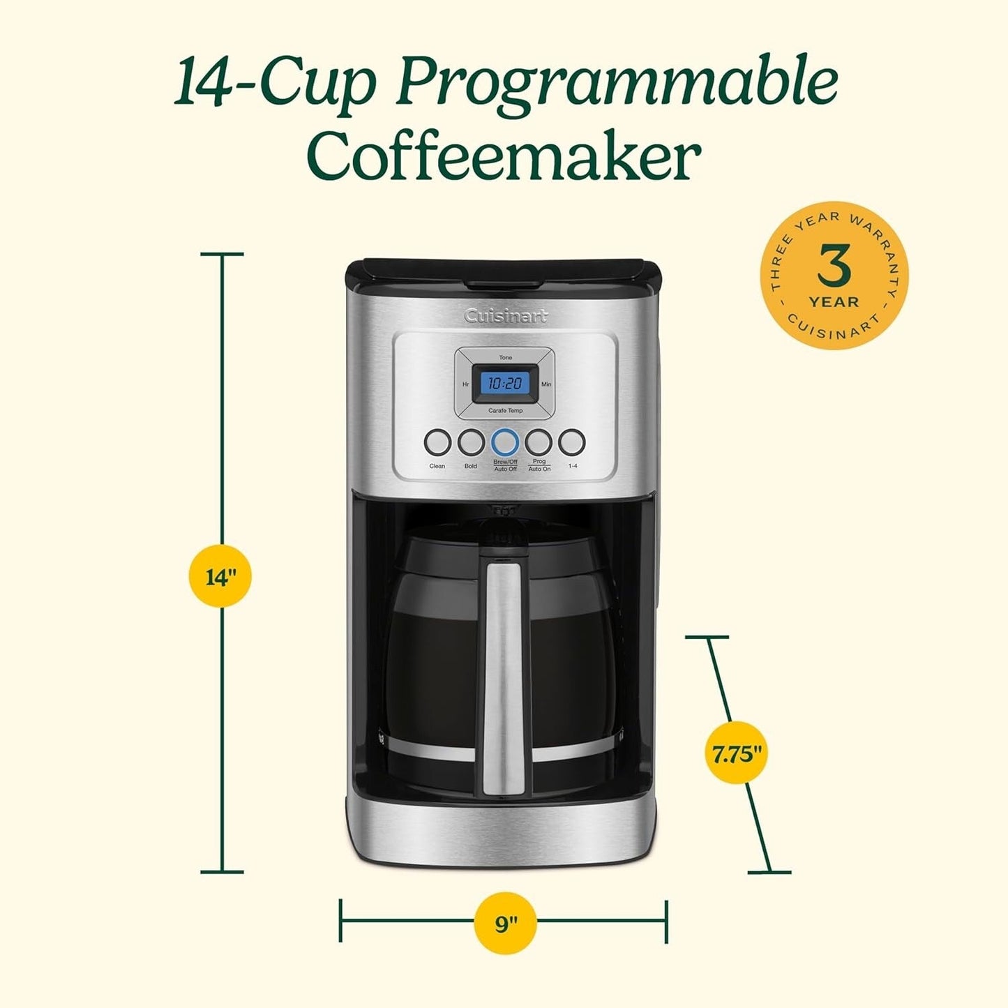 Cafetière programmable 14 tasses, carafe en verre, contrôle de la force du café, réglage 1 à 4 tasses, acier inoxydable
