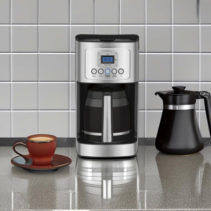 Cafetière 14 tasses en acier inoxydable, carafe en verre, entièrement automatique, contrôle de la force du café.