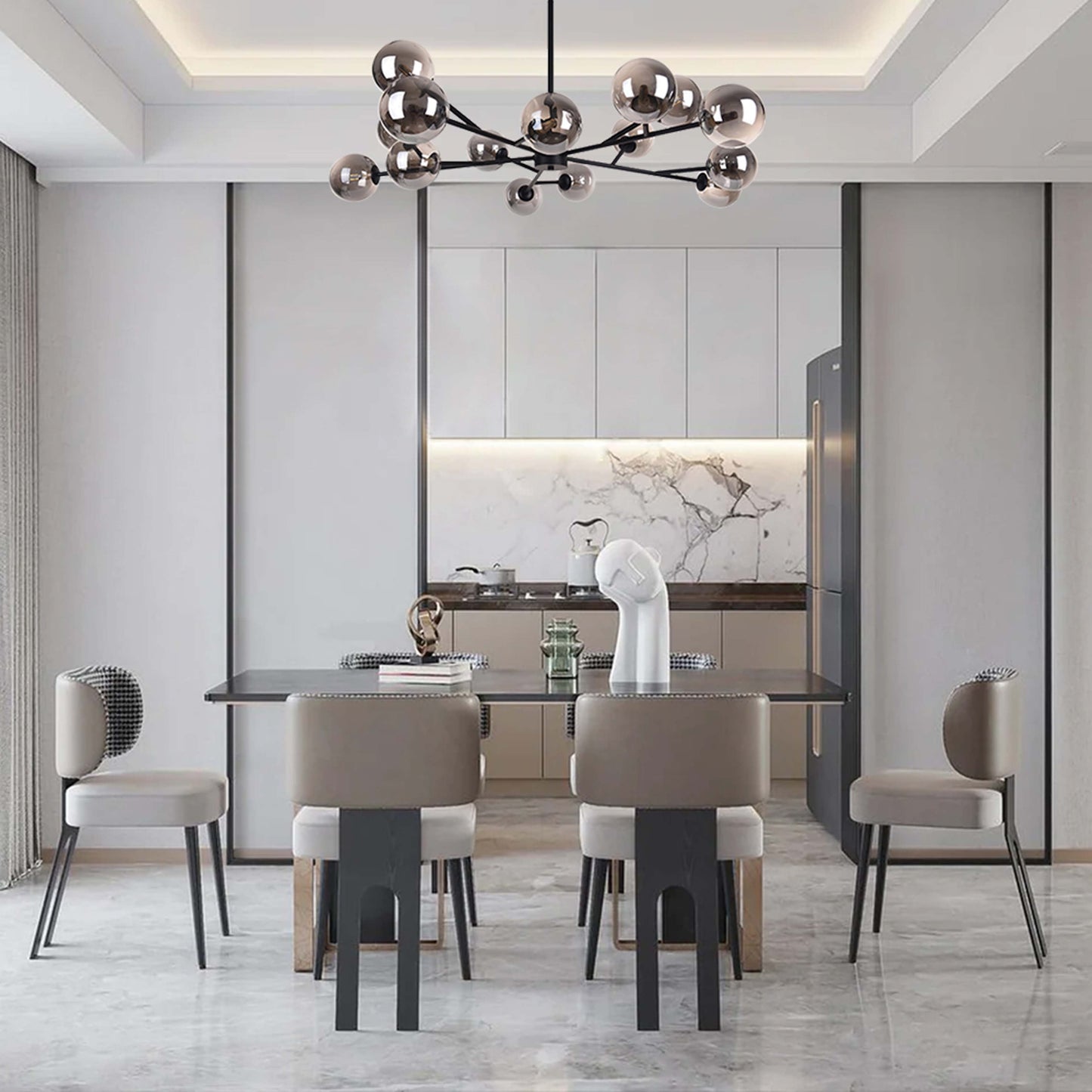 Grand lustre sphérique moderne à bulles de verre, noir ou doré, pour salle à manger