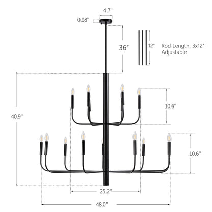 Luminaire minimaliste à 15 lumières, style bougeoir, design ancien à 2 niveaux - 48