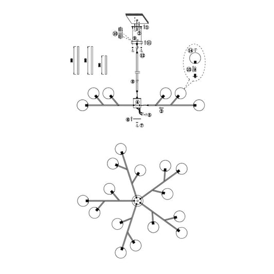 Luminaire à 15 lumières, style moderne, en forme de sputnik, pour îlot de cuisine, avec branches et globes de verre en forme de bulles.