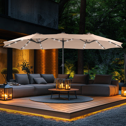 Parasol de jardin rectangulaire de 4,5 mètres à manivelle, double face, avec éclairage solaire LED, pour terrasse, avec socle inclus.