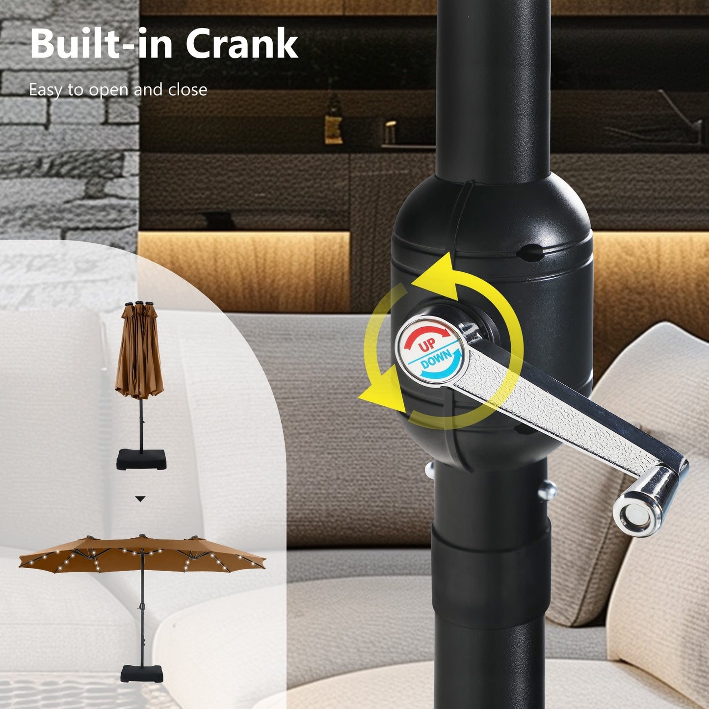 Parasol de jardin rectangulaire MAISON ARTS de 4,5 mètres, à manivelle, double face, avec éclairage solaire LED, pour terrasse, avec socle inclus.