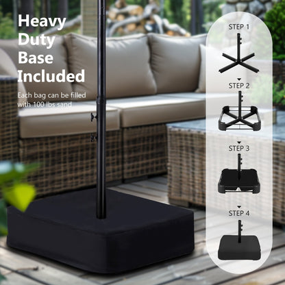 Parasol de jardin rectangulaire de 4,5 mètres à manivelle, double face, avec éclairage solaire LED, pour terrasse, avec socle inclus.