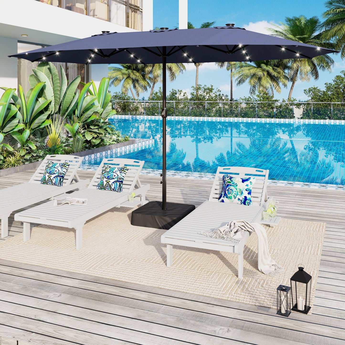Parasol de jardin rectangulaire de 4,5 mètres à manivelle, double face, avec éclairage solaire LED, pour terrasse, avec socle inclus.