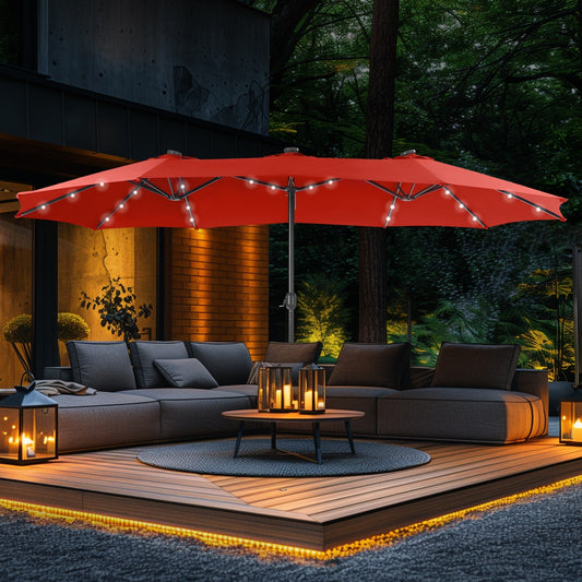 Parasol de jardin rectangulaire de 4,5 mètres à manivelle, double face, avec éclairage solaire LED, pour terrasse, avec socle inclus.