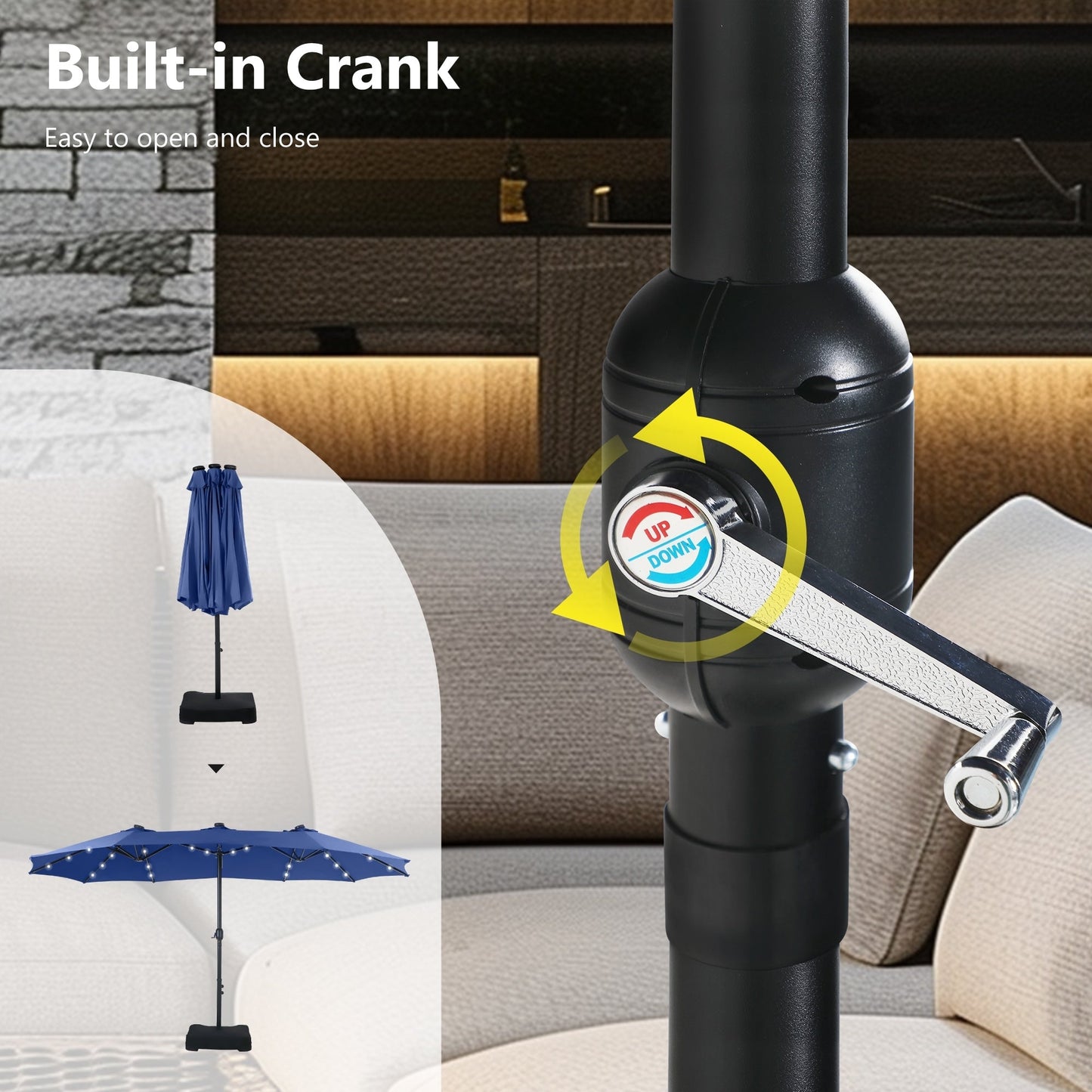 Parasol de jardin rectangulaire MAISON ARTS de 4,5 mètres, à manivelle, double face, avec éclairage solaire LED, pour terrasse, avec socle inclus.